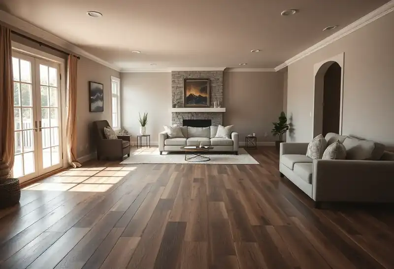 Illustration of living room with new plank flooring, as found in 1995-era homes