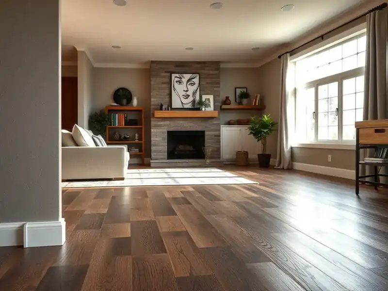Illustration of close-up of materials and finishes of living room with new plank flooring, as found hom