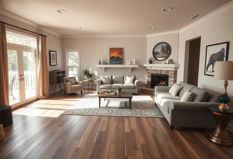 Illustration of living room with plank flooring, modern furniture, and large windows.
