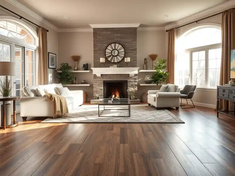 Illustration of a modern living room with plank flooring and fireplace.