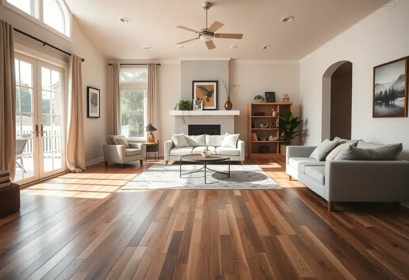 Illustration of modern living room with plank flooring and contemporary furniture.