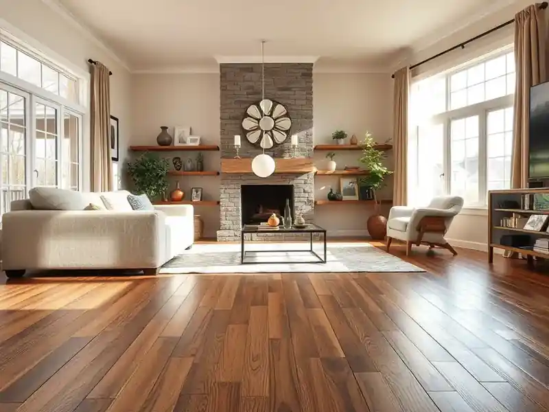 Illustration of close-up of materials and finishes of living room with new plank flooring, as found hom