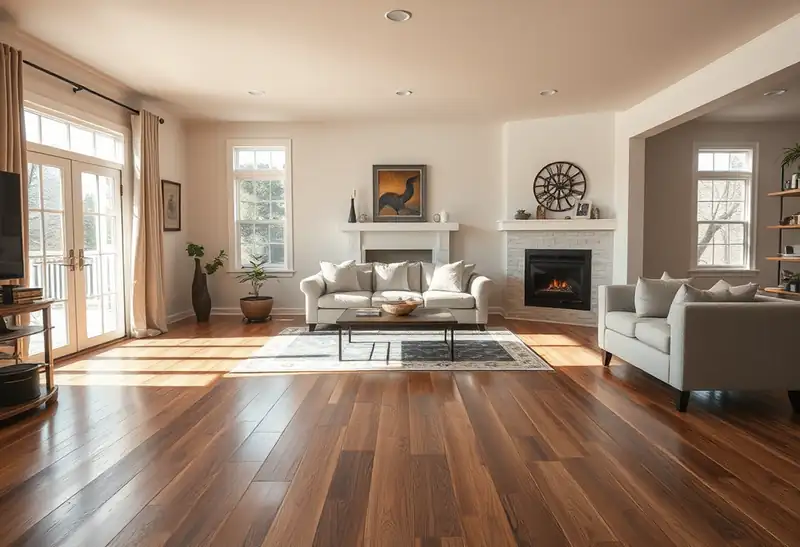 Illustration of modern living room with plank flooring and contemporary decor.
