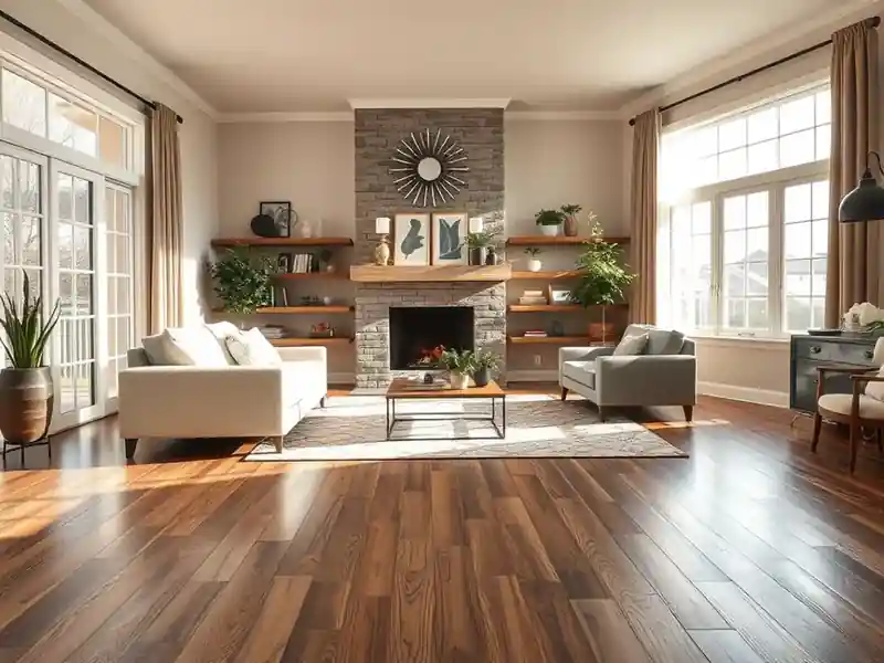 Illustration of close-up of materials and finishes of living room with new plank flooring, as found hom