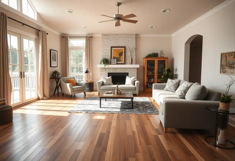 Illustration of modern living room with plank flooring and contemporary furniture.