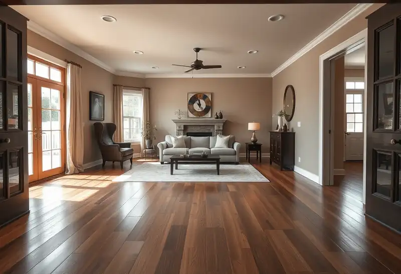 Illustration of modern living room with hardwood flooring and traditional decor.