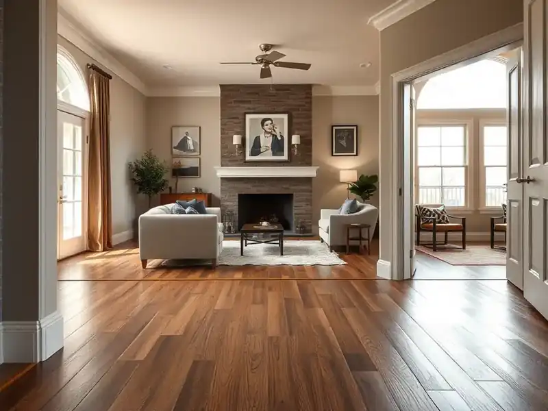 Illustration of close-up of materials and finishes of living room with new plank flooring, as found hom