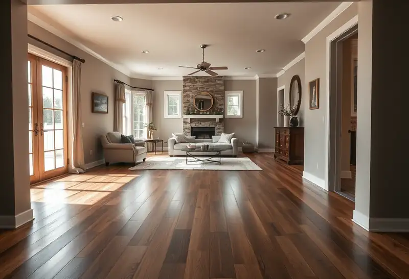 Illustration of modern living room with hardwood floors and stone fireplace.