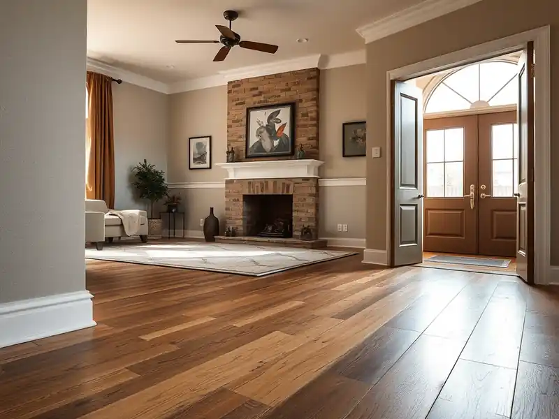 Illustration of hardwood floor repair in a modern living room with brick fireplace and ceiling fan.
