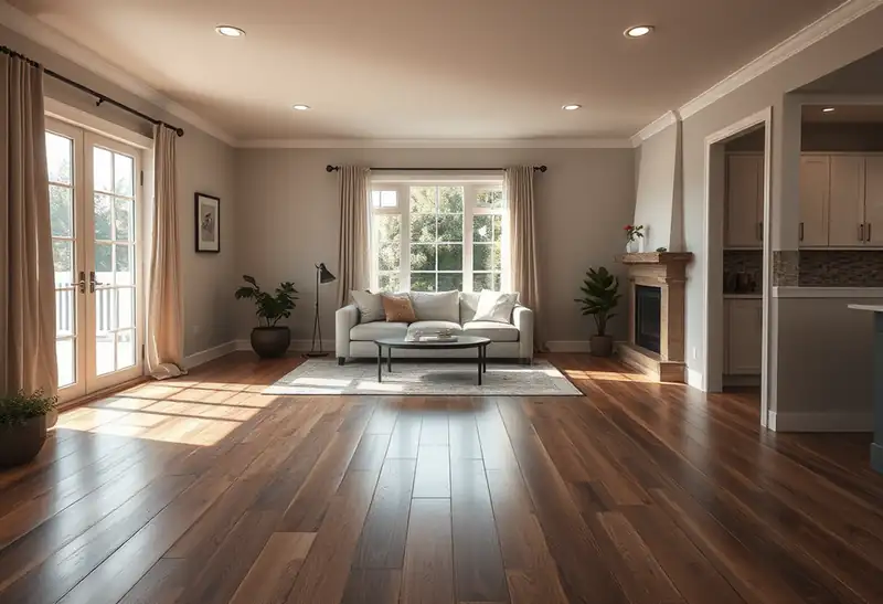 Illustration of living room with plank flooring and fireplace, home interior.