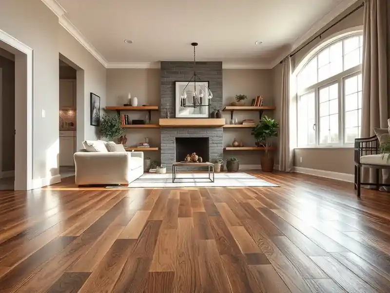 Illustration of close-up of materials and finishes of living room with new plank flooring, as found hom