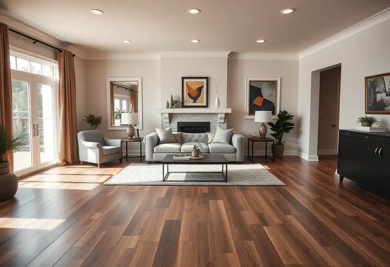 Illustration of modern living room with laminate flooring and contemporary decor.