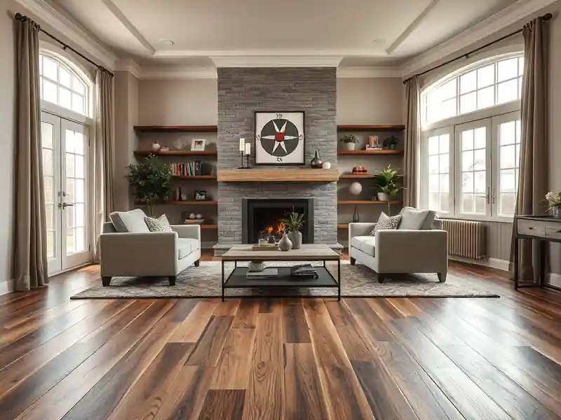 Illustration of modern living room with laminate flooring, stone fireplace, and built-in shelves.