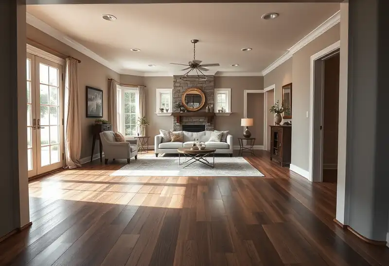 Illustration of modern living room with hardwood floors and contemporary decor.