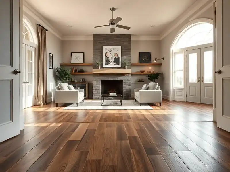Illustration of close-up of materials and finishes of living room with new plank flooring, as found hom