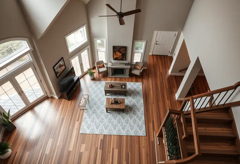 Illustration of living room with hardwood floors and staircase.