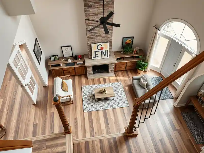 Illustration of a modern living room with wooden flooring and staircase.