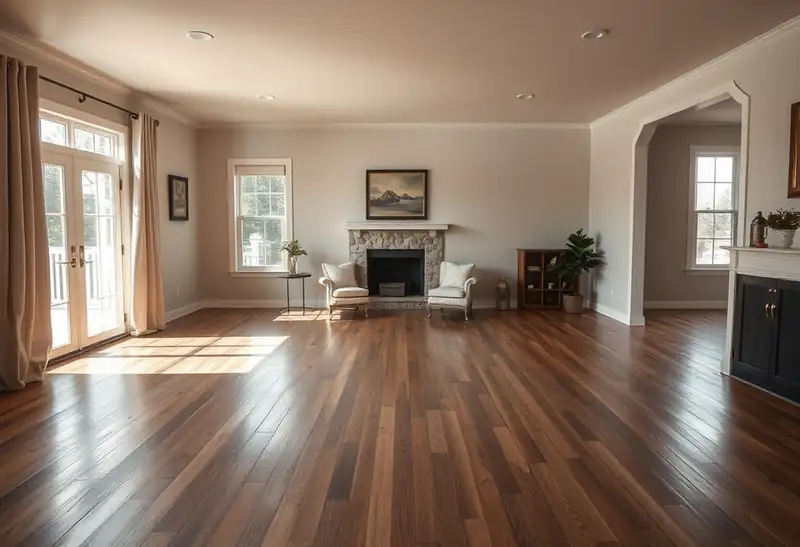 Illustration of modern living room with hardwood floors and fireplace.