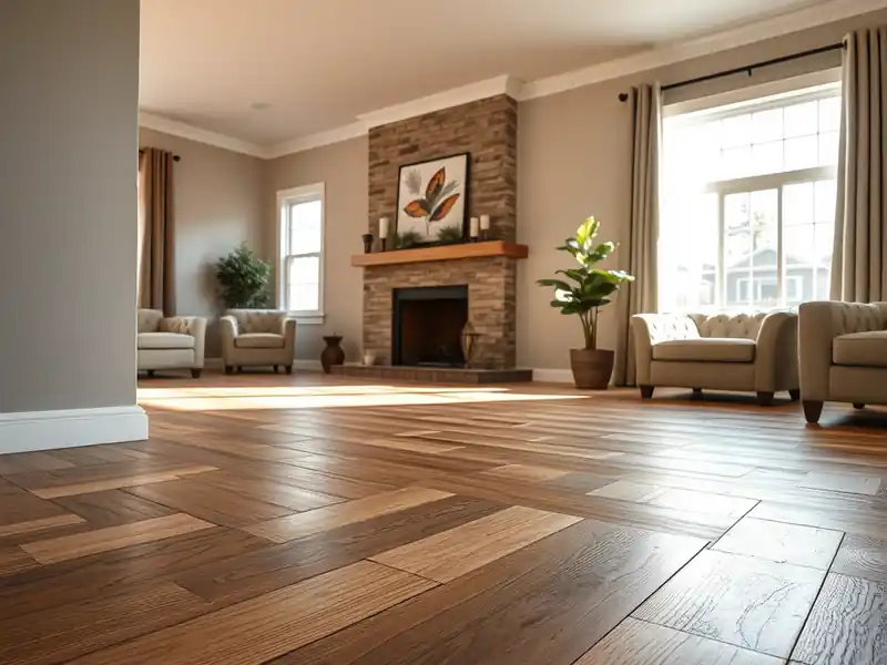 Illustration of modern living room with plank flooring and stone fireplace.