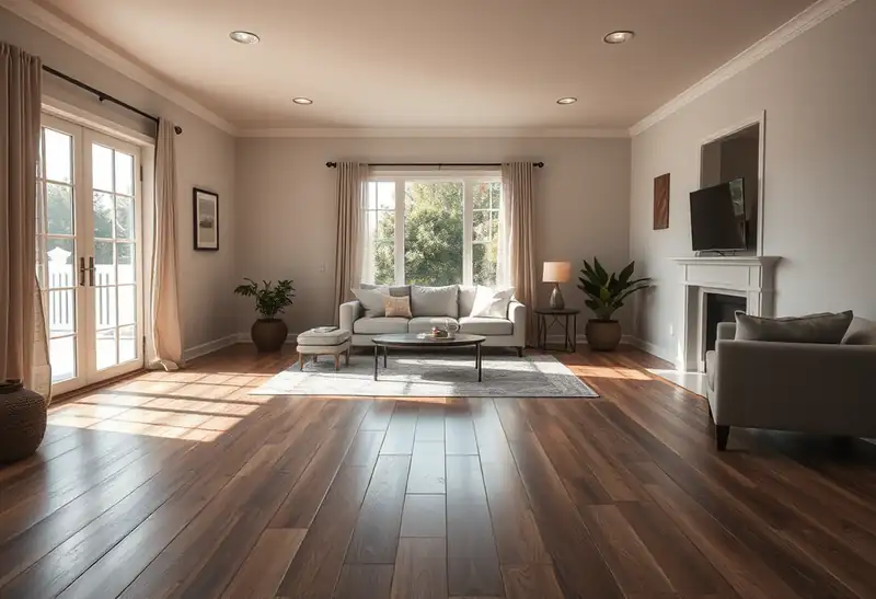 Illustration of modern living room with plank flooring and lush greenery outside.