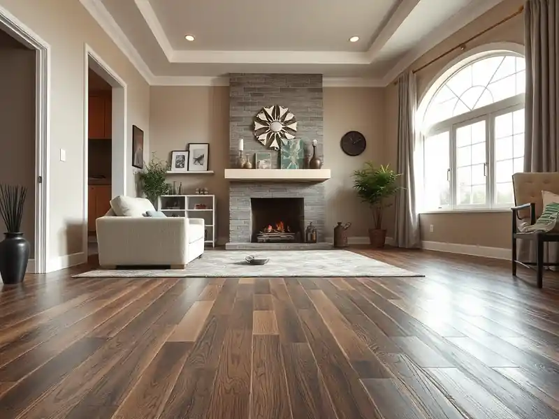 Illustration of a living room with plank flooring and stone fireplace.