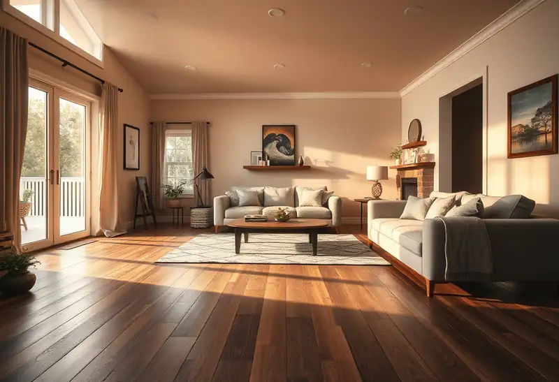 Illustration of modern living room with plank flooring and contemporary furniture.