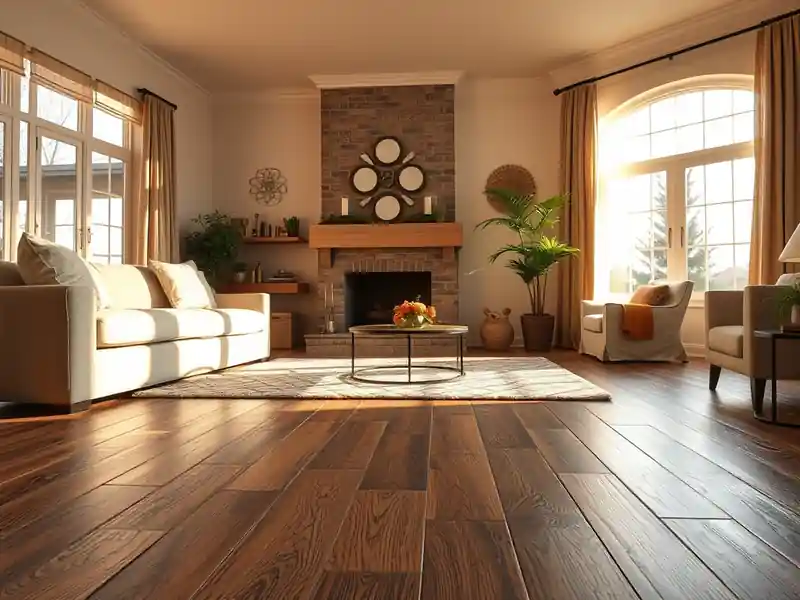 Illustration of modern living room with vinyl plank flooring and contemporary decor.